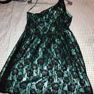 Lace and teal knee length dress